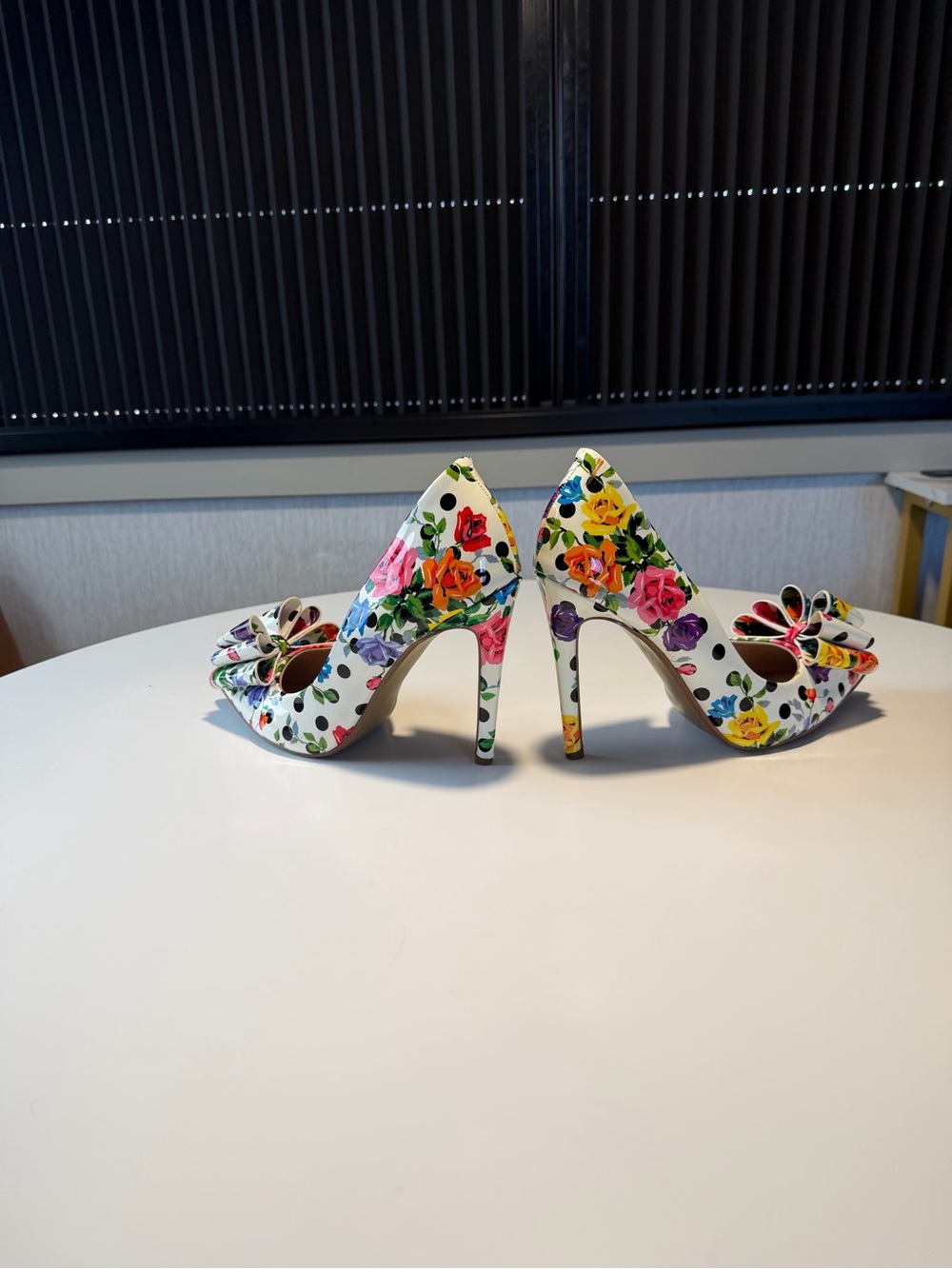 Betsey Johnson White & Black Floral Pointed Toe Stiletto Heels with Bow Accent - Picture 2 of 14